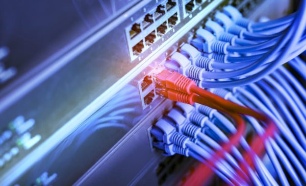 blue and red network cables connected to switch in data center